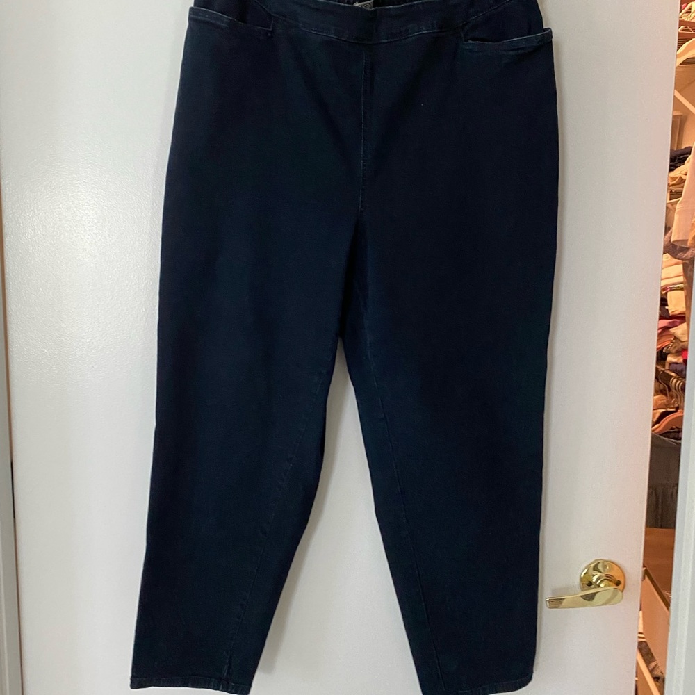 Stretch dark wash denim jeans. Pull on. Excellent condition.